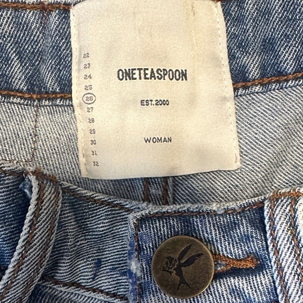 One Teaspoon High Waist Bandits Denim Shorts Paint Splatter Distressed Blue 26 - Picture 2 of 9